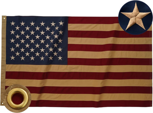 Vintage American Flag 3x5 ft Cotton for Outside, Heavy Duty Tea Stained American Flag Aged Looking for 4th of July Cloth Old USA US Flag