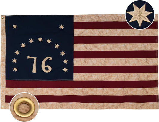 Vintage 76 Bennington Flag 3x5 ft Cotton for Outside, Heavy Duty Tea Stained 1776 American Flag Aged Looking for 4th of July Cloth Old USA US1776 Flag