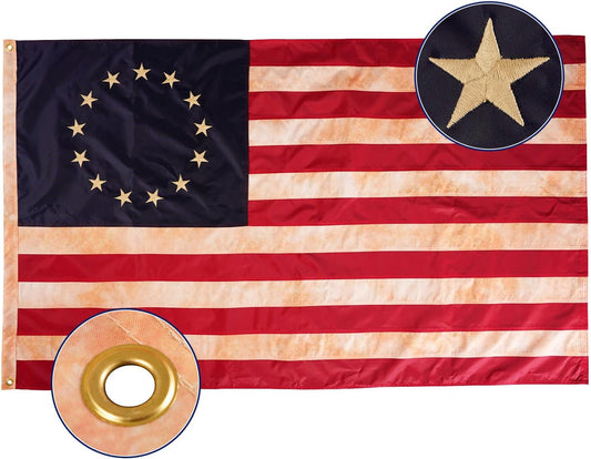 Embroidered Tea Stained Betsy Ross Flag 3x5 ft Outdoor Heavy Duty 13 Star American Flags Double Sided Colonial Flag 13 Stars for Outdoor Indoor Use