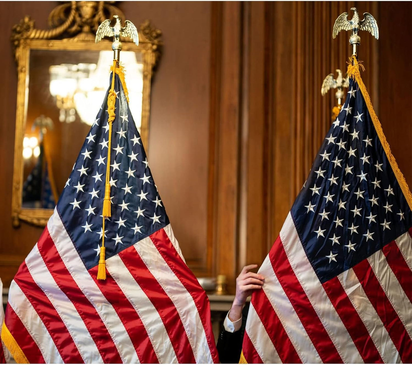 Cotton American Flag with Gold Fringed 3x5 Feet, Luxury Embroidered Stars and Pole Sleeve Banner Style, Heavy Duty Polyester US Flags for Indoor