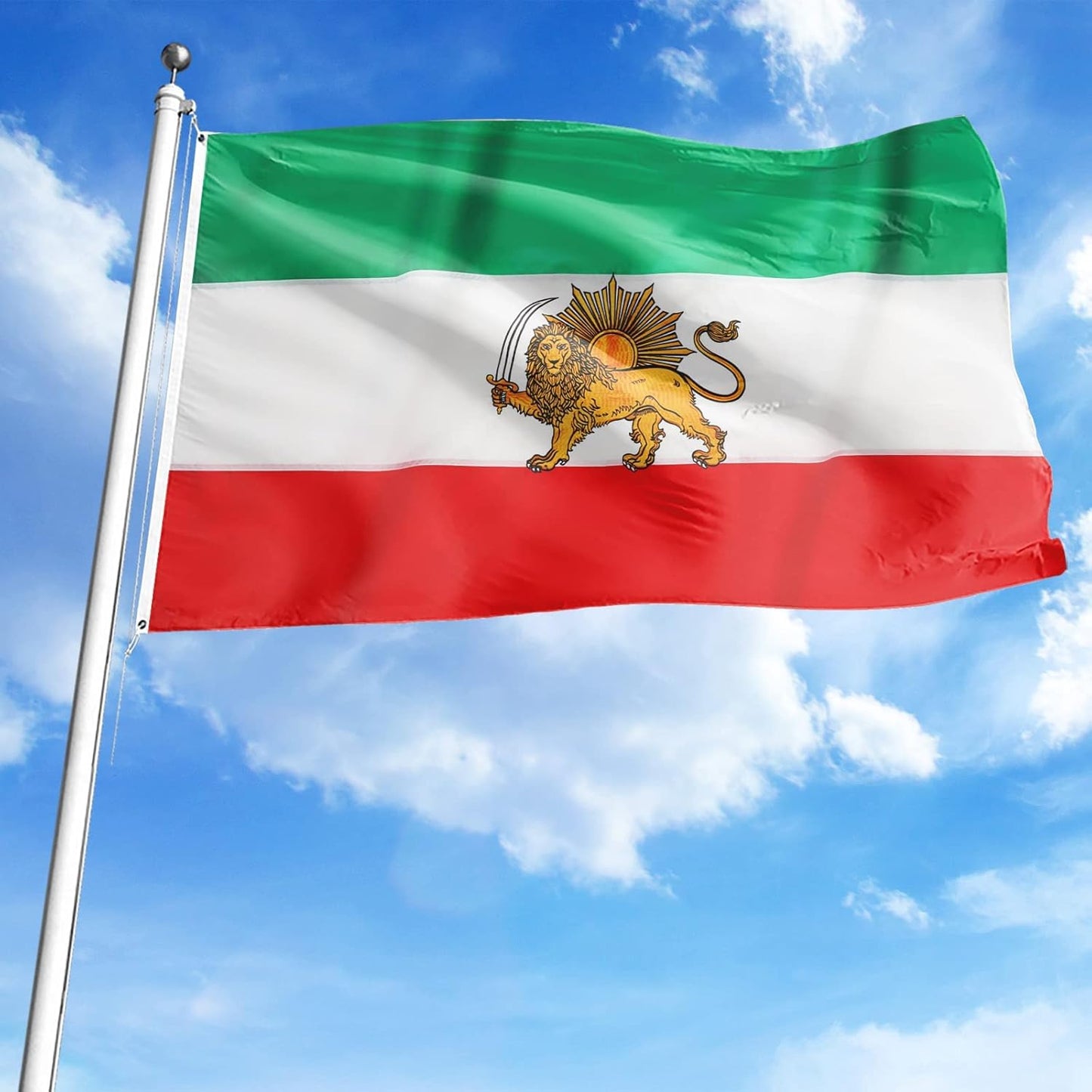 Old Historic Iran Flag with Lion Sun Flag 3x5 Foot, Embroidered Iranian Lion Sun Pahlavi Flag, 220D Nylon Persian Flag, with 2 Brass Grommets and 4 Rows of Lower Stitches