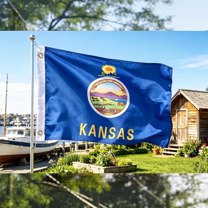 TOPFLAGS Kansas Flag 12x18 Inch Double Sided 3 Ply, Heavy Duty Nylon Small Kansas State Flag with Brass Grommets, Fade Proof Outdoor Marine Boat Flags (KS) USA TOP FLAGS, INC