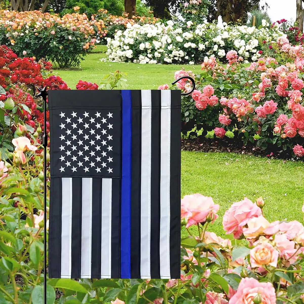 Thin Blue Line Garden Flag 12.5 x 18 Inch Double Sided, Embroidered American Police Flags for Outside, Back the Blue Flag for Lawn Outdoor Decoration USA TOP FLAGS,INC