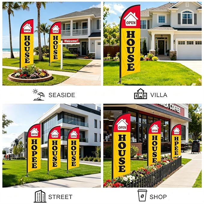 TOPFLAGS Open House Flag Kit 8Ft with Pole Ground Stake Portable Bag for Real Estate Agents - Outdoor Business Feather Flags Sign Banner (Yellow/Red) USA TOP FLAGS, INC