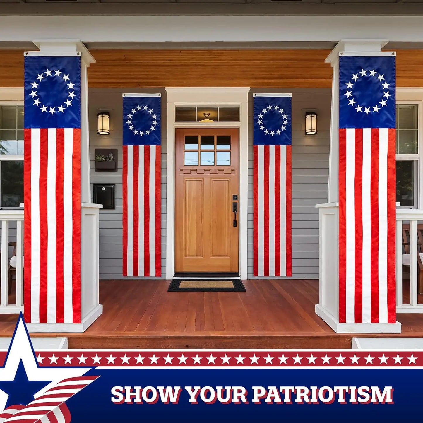 2 Pack: American Pulldown Flag Patriotic Bunting, 50 Embroidered Stars with 5 Fully Sewn Stripes, decorative bunting, 20" x8', Red/White/Blue, Vertical Flag Wall Déco USA TOP FLAGS, INC