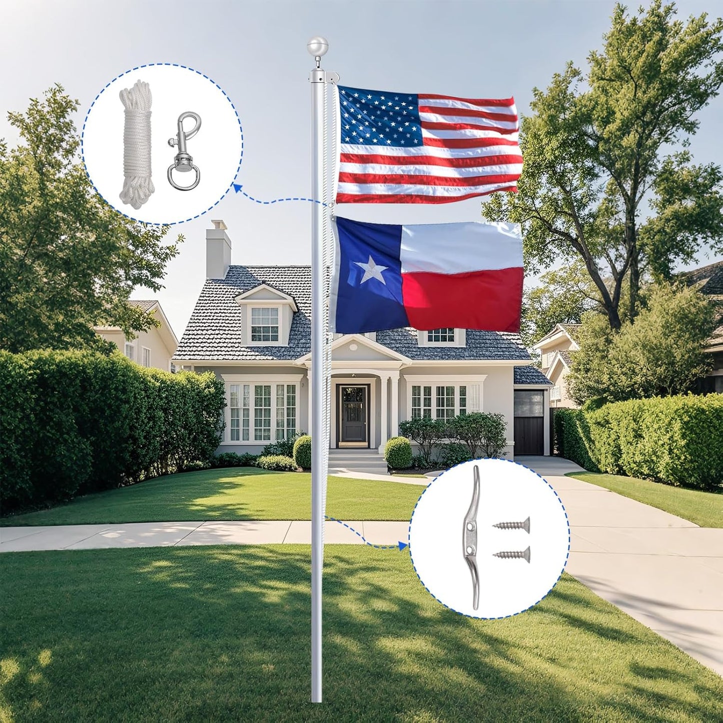 Topflags Flag Pole Rope Kit 50 Ft Flagpole Hardware Cleat Replacement Accessories with 4 Metal Swivel Snap Clips for 1.6"-2" Flags Poles