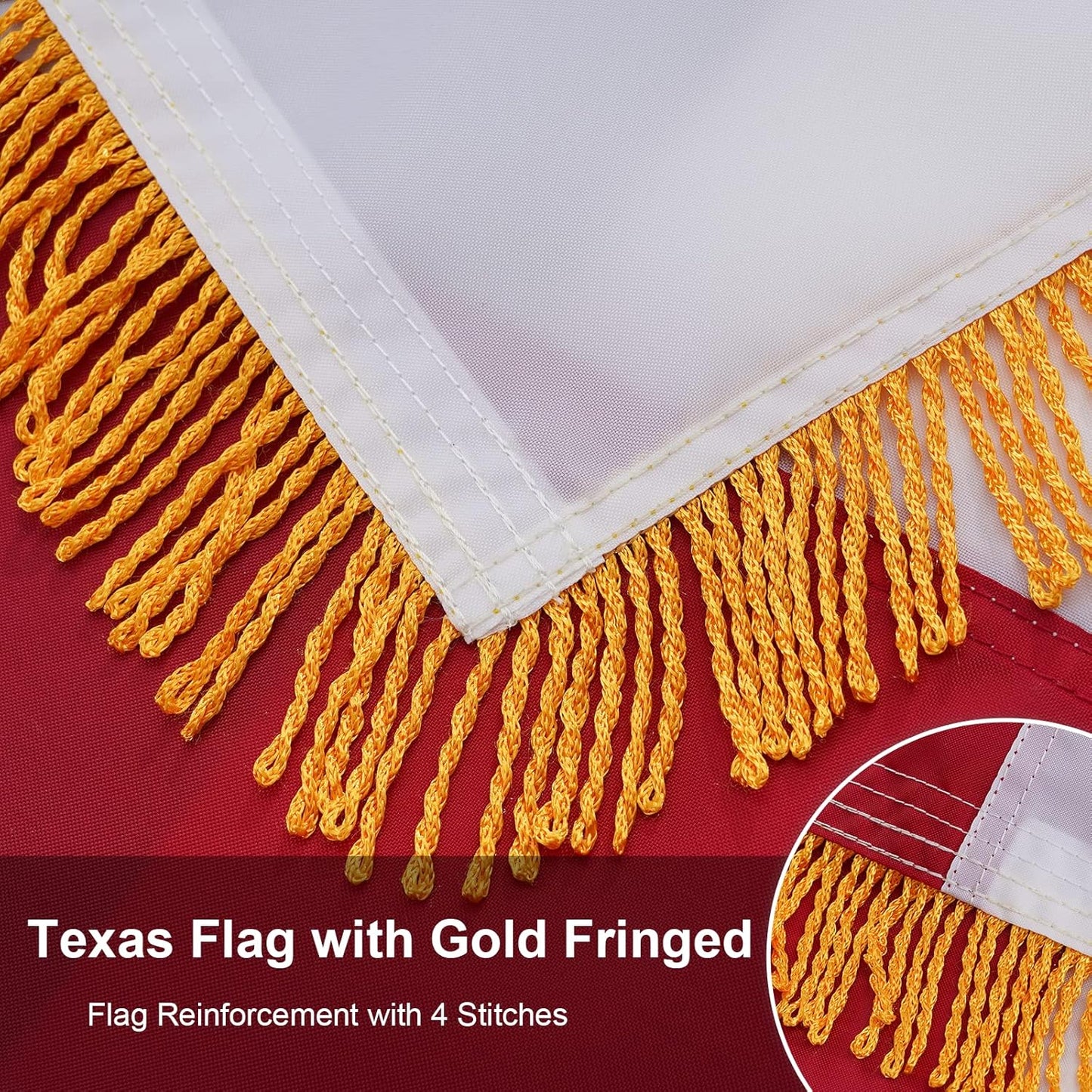 Texas Flag with Gold Fringed 3x5 Feet Made in USA, Luxury Embroidered Stars and Pole Sleeve Banner Style, Heavy Duty Polyester State of Texas TX Flags for Indoor