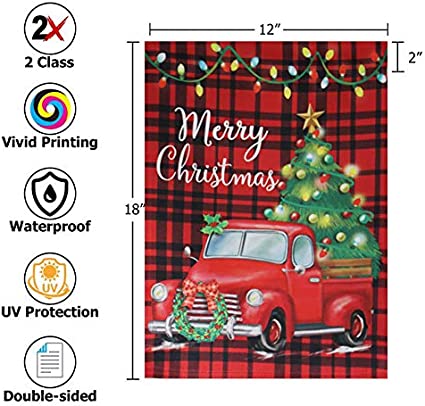 Pack of 2 Christmas Garden Flags 12x18 Double Sided - Red Truck Tree Xmas Holiday Vertical Garden Yard Flags Banner for Small Christmas Outdoor Decorations