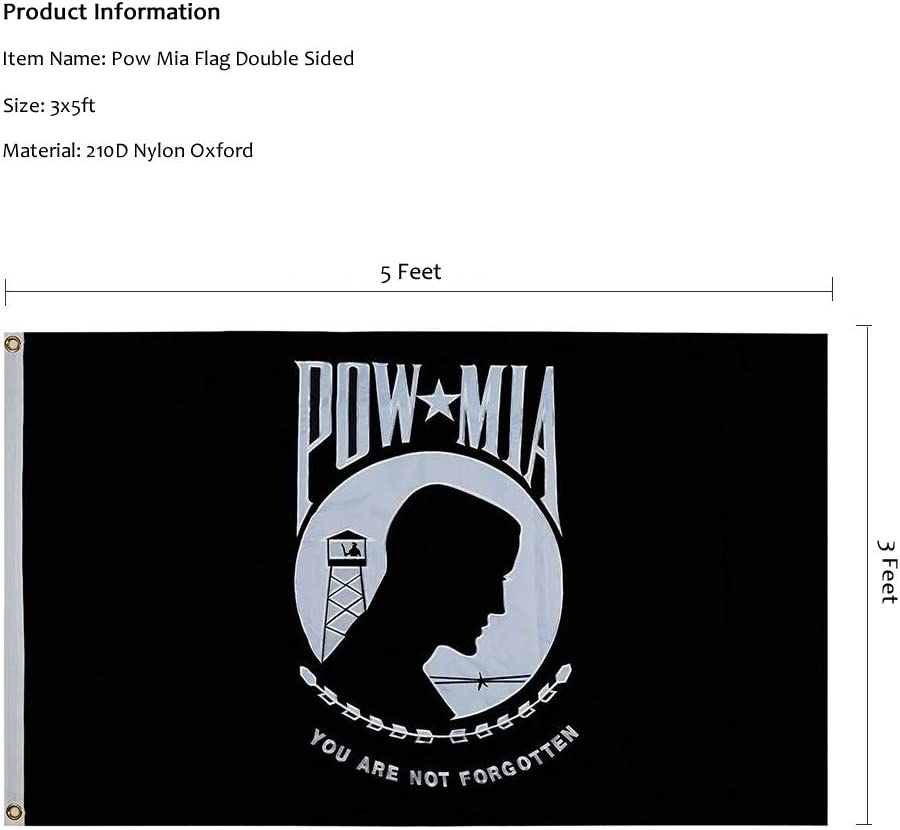 Pow Mia Flag Embroidered 3x5 Outdoor - Heavy Duty Double Sided You are Not Forgotten War Flags 300D Nylon Military Made in USA Pow Flags for Outside