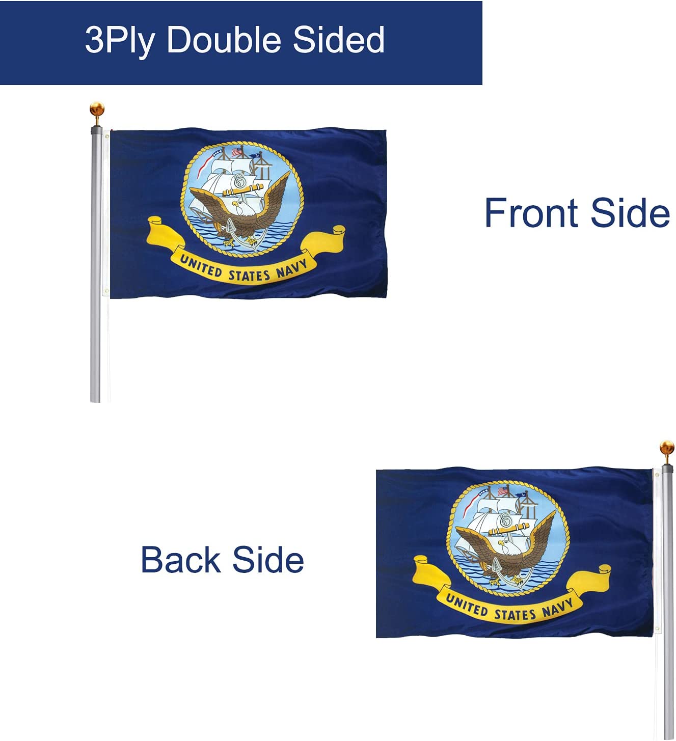 US Navy Flag 3x5 Outdoor Double Sided United States Military Flags 3Ply USN Banner with Canvas Header 2 Metal Brass Grommets (Blue)
