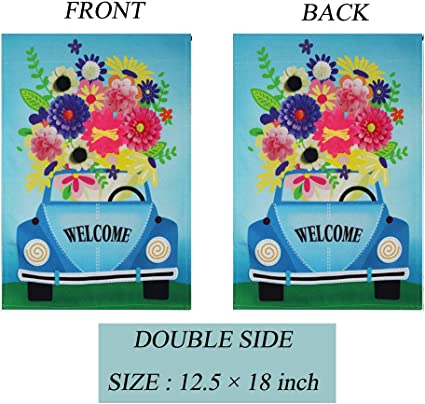 Pack of 2 Garden Flag, Welcome Flower Truck Garden Flag, Double Sided 12.5 x 18 Inches Flag, Blue Car Flag for Outdoor, Farmhouse Homes, Yard Decoration, Fall Gift Set
