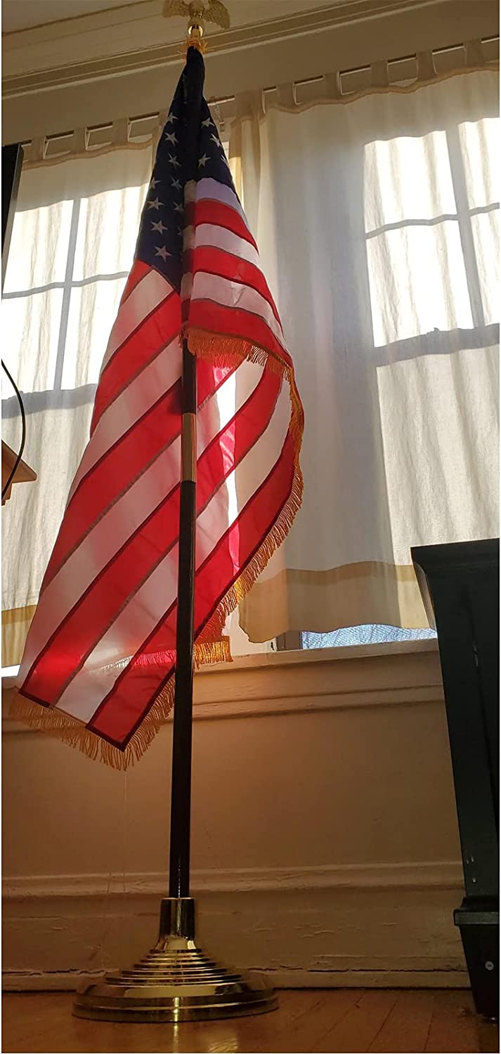 American Flag 3x5 Ft Pole Sleeve Banner Style Made in USA, with Embroidered Stars and Gold Fringed, Heavy Duty Polyester US Flags for Indoor