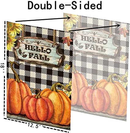 Pack of 2 Hello Fall Garden Flags - Sunflowers Pumpkin Plaid Flag Autumn 12.5 x 18 Inch - House Yard Double Sided hanksgiving Day Decoration Country Outdoor Indoor Banner