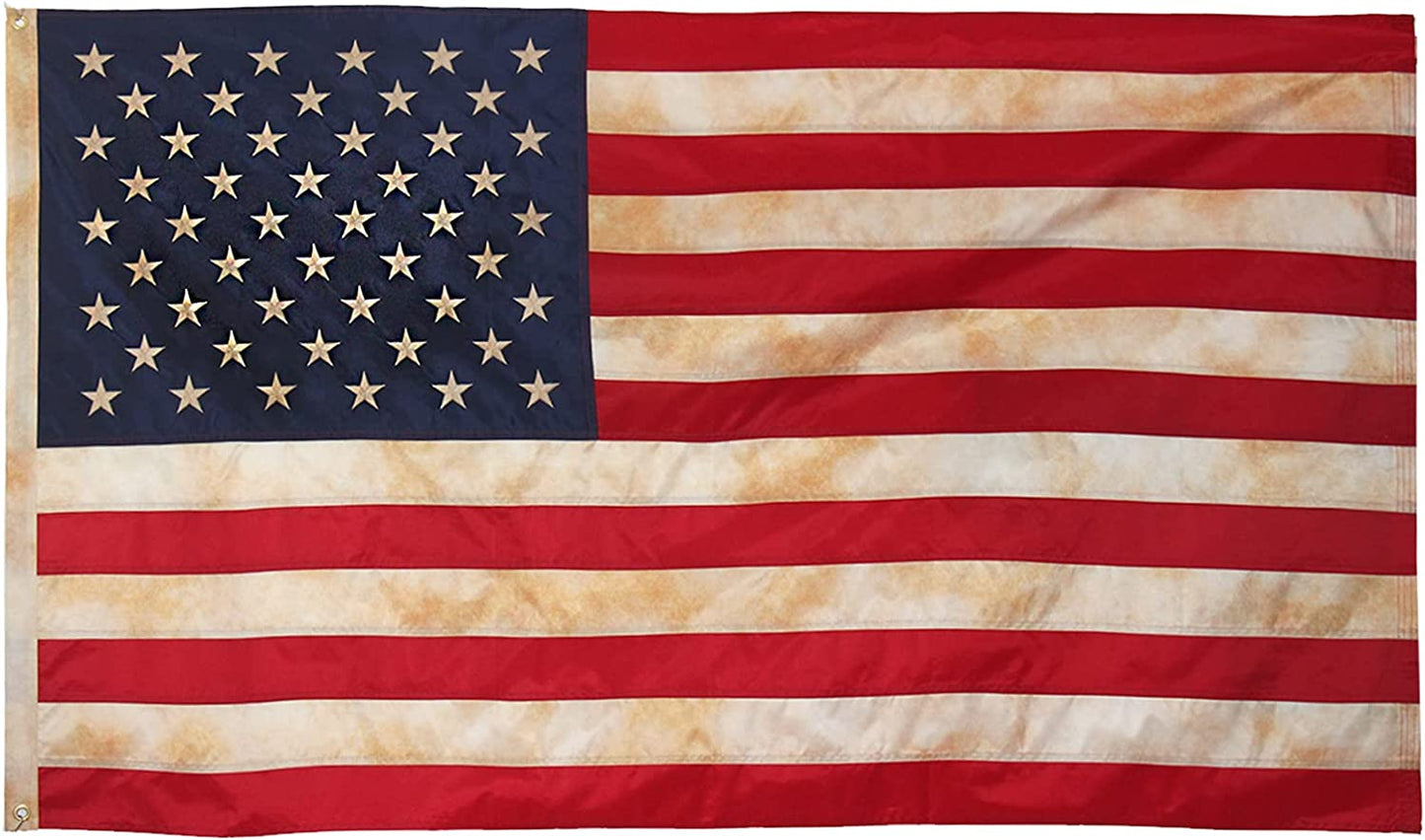 American Flag Tea Stained 3x5 Embroidered Vintage US Flags- Made in USA Primitive Tea Dye Historical Flags Banner with 2 Brass Metal Grommets Sewn Stripes