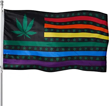 Pack of 2 Rainbow Marijuana Pot Leaf Flag Gay Pride Heart Care Hug Rainbow Weed American Flags Banner 3x5 Foot for outdoor wall with Brass Grommets & Durable Header USA TOP FLAGS,INC