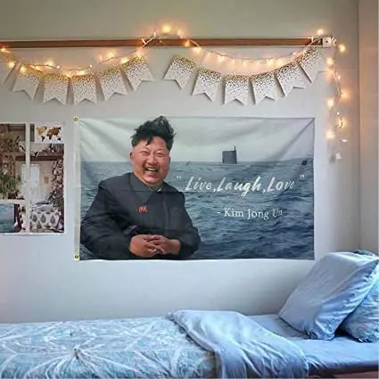 Kim Jong un Live Love Laugh Flag, 3x5ft Polyester for Flags College Dorm Wall Bedroom Living Room Hanging Decoration Indoor Brass Gromments USA TOP FLAGS,INC