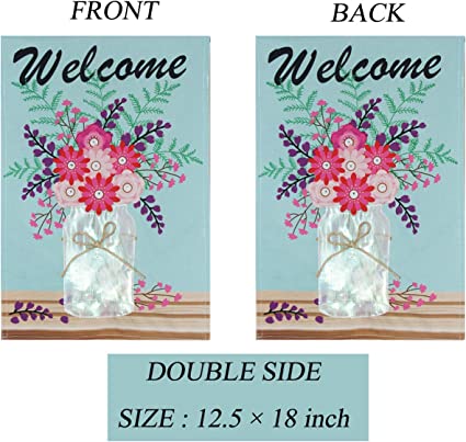 Pack of 2 Garden Flag, Welcome Home Banner, Double Sided Mason Jar Linen Flags For Outdoor, Home , Yard ,Decoration(12.5 x 18 Inches, 3D Flowers )