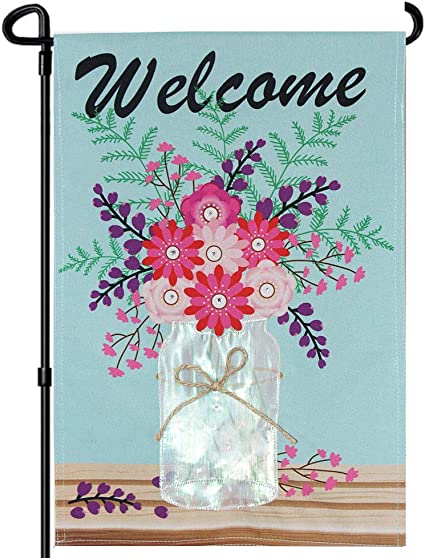 Pack of 2 Garden Flag, Welcome Home Banner, Double Sided Mason Jar Linen Flags For Outdoor, Home , Yard ,Decoration(12.5 x 18 Inches, 3D Flowers )