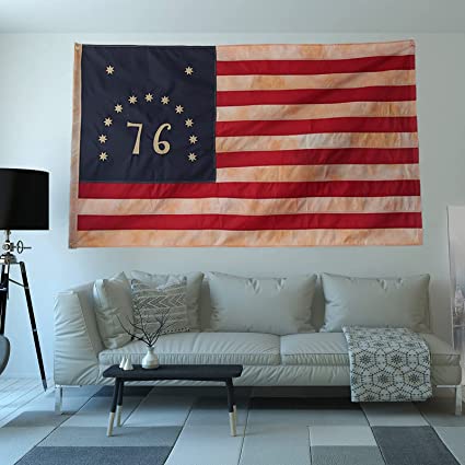 Tea Stained American Flag 3x5, Embroidered Bennington Founding Fathers 1776 Flags, Heavy Duty Vintage Betsy Ross Fabric Sewn Stripes Historical Dyed for Outdoor Indoor Decoration