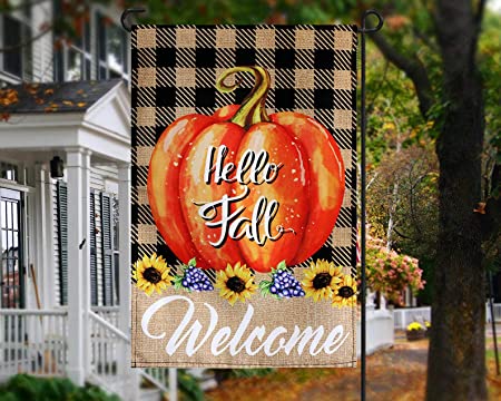 Pack of 10 Hello Fall Garden Flag Autumn Buffalo Check Pumpkins - Small Vertical Welcome Garden Yard Flags Banner 12x18 Double Sided Farmhouse Home Fall Porch Decor Outside