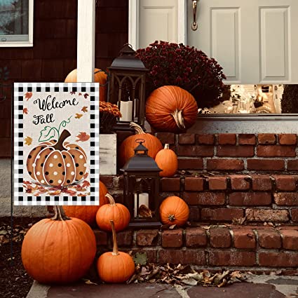 Pack of 2 Fall Pumpkin Garden Flags12 x 18 Inch Double Sided for Outdoor Autumn Welcome Decorations Banner Seasonal Farmhouse Yard Decor