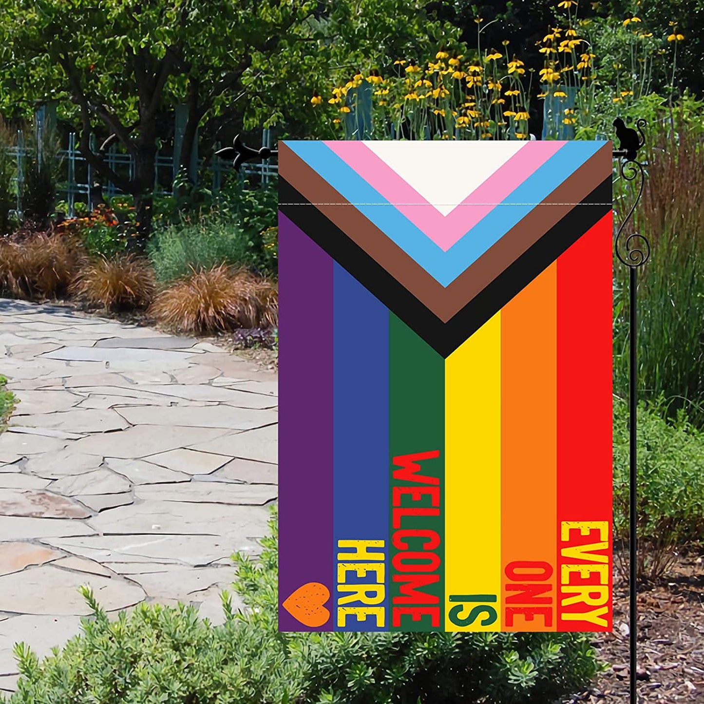 Pack of 2 Progress Pride Everyone Is Welcome Here LGBT Garden Flag 12x18 Inch, Double Sided LGBTQ Transgender Gay Flags for Outdoor Yard, All Inclusive Progressive Flag Banner for All Season