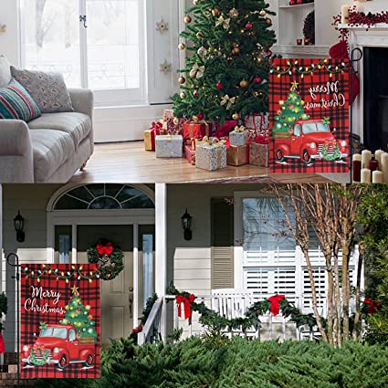 Pack of 2 Christmas Garden Flags 12x18 Double Sided - Red Truck Tree Xmas Holiday Vertical Garden Yard Flags Banner for Small Christmas Outdoor Decorations