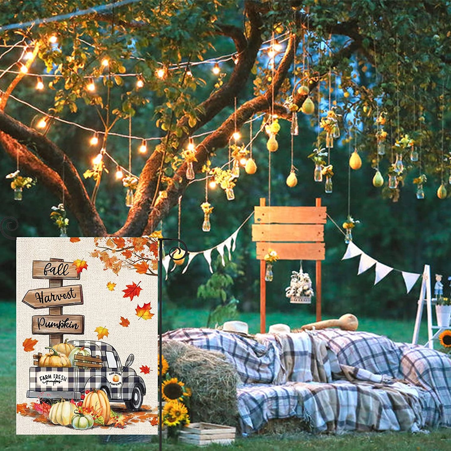 Pack of 2 Fall Garden Flag Yard Flags 12.5 x 18 Inch Double Sided Pumpkin Outdoor Flag Welcome Decorations for Home Porch Outside (Fall-Harvest Car)