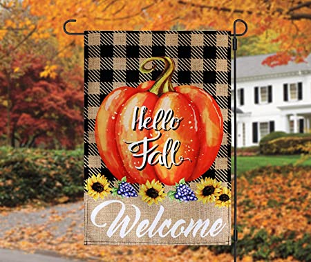 Pack of 10 Hello Fall Garden Flag Autumn Buffalo Check Pumpkins - Small Vertical Welcome Garden Yard Flags Banner 12x18 Double Sided Farmhouse Home Fall Porch Decor Outside