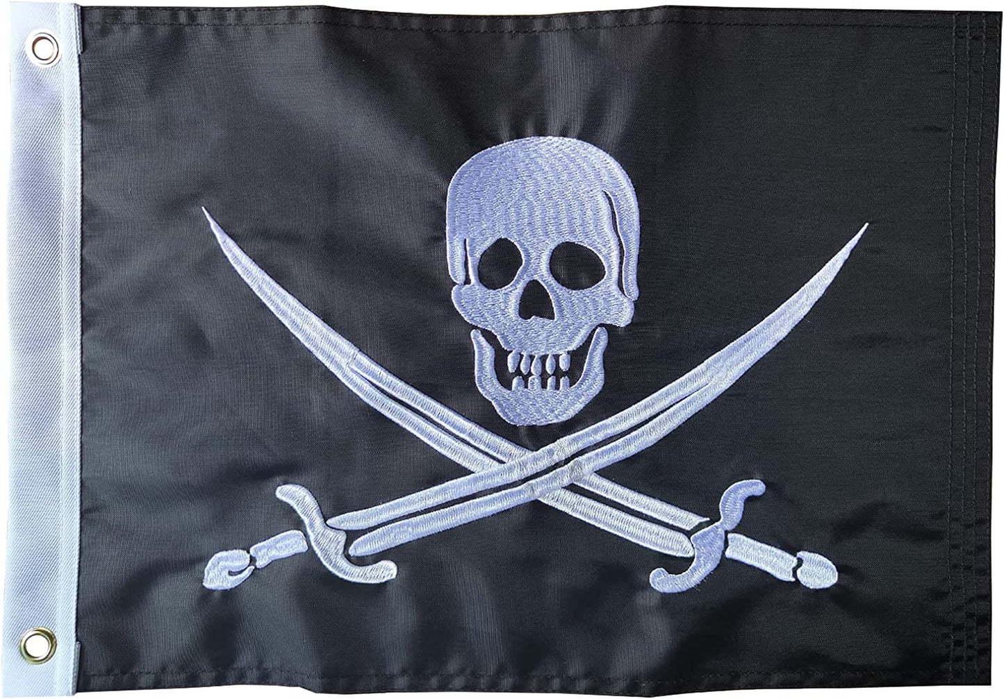 Pack of 2 Pirate Boat Flag 12x18 Inches Made in USA, Embroidery Jolly Roger Pirate Yacht Flags with 2 Brass Grommet, Heavy Duty Nylon Skull Outdoor Banner for All Weather
