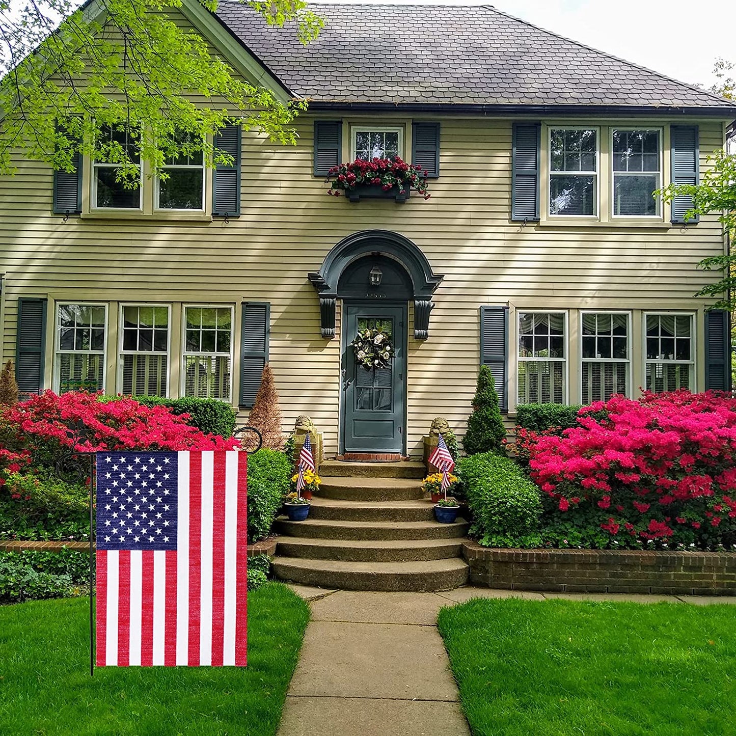 Pack of 2 American 4th of July Garden Flag 12x18 Inch , Double Sided USA US Yard Flags for Lawn Patio Independence Day Decor, Silver Silk Fabric Outdoor Patriotic Banner