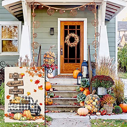 Pack of 2 Fall Garden Flag Yard Flags 12 x 18 Inch Double Sided Pumpkin Outdoor Flag Welcome Decorations for Home Porch Outside (Fall-Harvest Car)