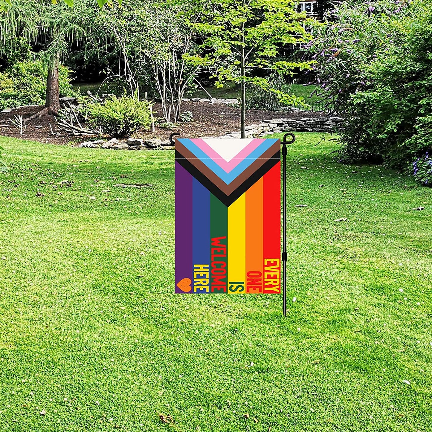 Pack of 2 Progress Pride Everyone Is Welcome Here LGBT Garden Flag 12x18 Inch, Double Sided LGBTQ Transgender Gay Flags for Outdoor Yard, All Inclusive Progressive Flag Banner for All Season