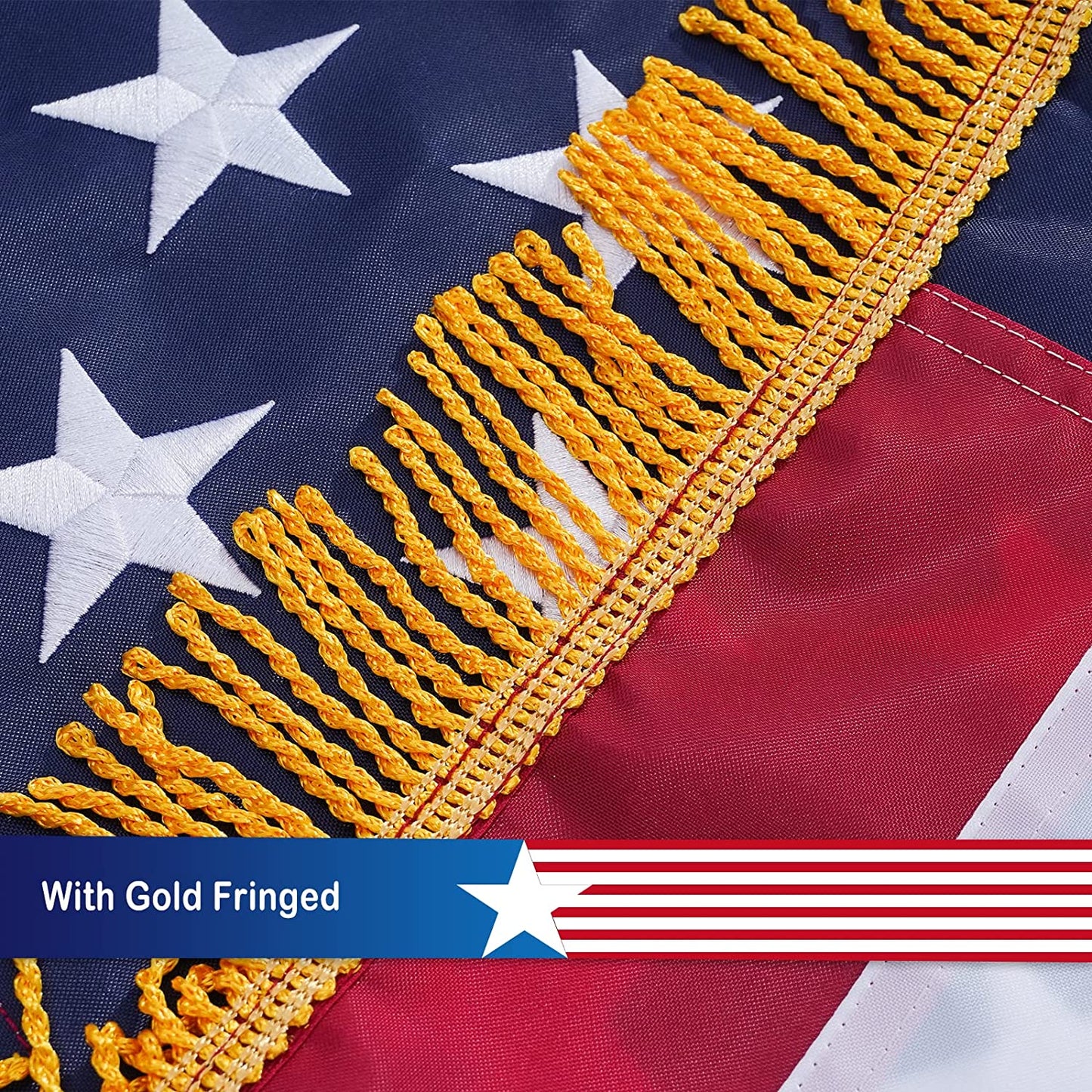 American Flag 3x5 Ft Pole Sleeve Banner Style Made in USA, with Embroidered Stars and Gold Fringed, Heavy Duty Polyester US Flags for Indoor