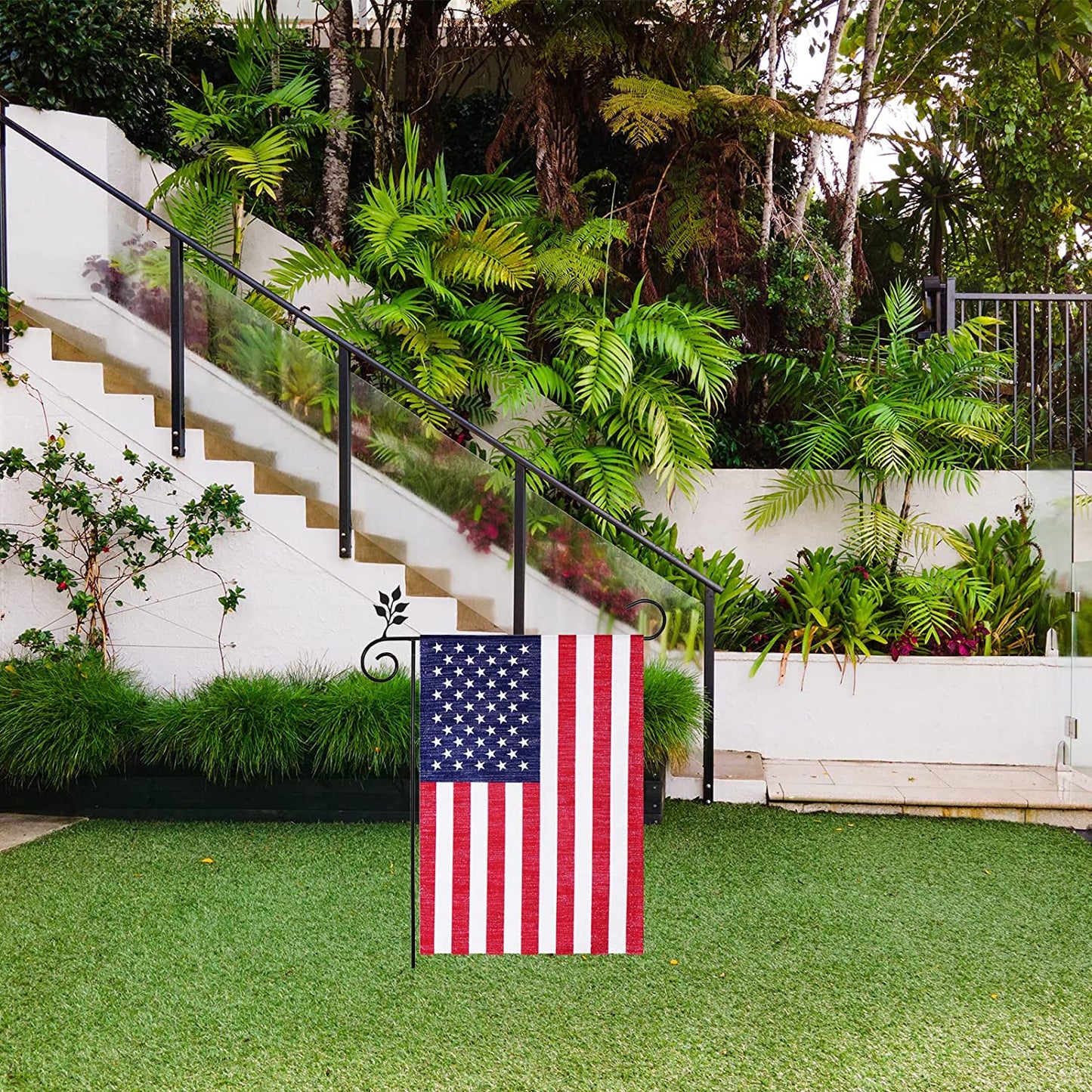 Pack of 2 American 4th of July Garden Flag 12x18 Inch , Double Sided USA US Yard Flags for Lawn Patio Independence Day Decor, Silver Silk Fabric Outdoor Patriotic Banner