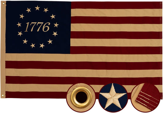 Vintage 1776 Betsy Ross Flag 3X5 Ft 100% Cotton, Embroidered Stars Tea Stained American Flag, Outdoor Heavy Duty 13 Star Historical Banner with 2 Brass Grommets