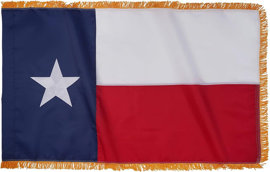 Texas Flag with Gold Fringed 3x5 Feet Made in USA, Luxury Embroidered Stars and Pole Sleeve Banner Style, Heavy Duty Polyester State of Texas TX Flags for Indoor