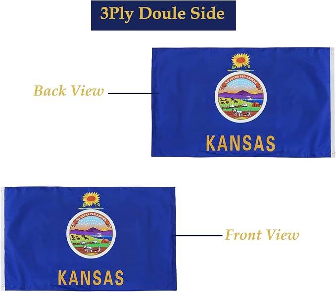 TOPFLAGS Kansas Flag 3x5 Double Side 3Ply KS State Flags Heavy Duty Outdoor 4 Rows Stitched Edge with 2 Brass Grommets USA TOP FLAGS, INC