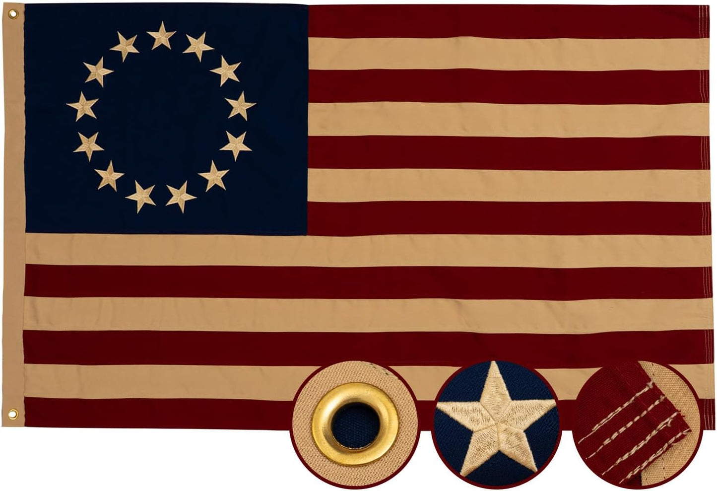 Vintage Betsy Ross Flag 3x5 Ft 100% Cotton Embroidered Tea Stained 13 Star American Colonies Flag Heavy Duty Antiqued American Banner for Outside with 2 Brass Grommets