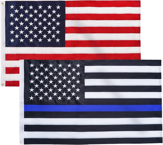 American Flag and Thin Blue Line Flags 3x5 Ft Combo Pack - Embroidered Stars US Flags or Outside Heavy Duty Outdoor