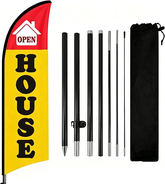 TOPFLAGS Open House Flag Kit 8Ft with Pole Ground Stake Portable Bag for Real Estate Agents - Outdoor Business Feather Flags Sign Banner (Yellow/Red) USA TOP FLAGS, INC