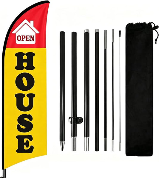 TOPFLAGS Open House Flag Kit 8Ft with Pole Ground Stake Portable Bag for Real Estate Agents - Outdoor Business Feather Flags Sign Banner (Yellow/Red) USA TOP FLAGS, INC