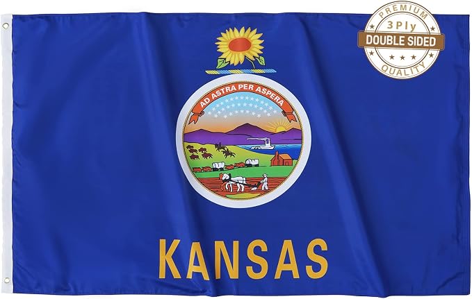 TOPFLAGS Kansas Flag 3x5 Double Side 3Ply KS State Flags Heavy Duty Outdoor 4 Rows Stitched Edge with 2 Brass Grommets USA TOP FLAGS, INC