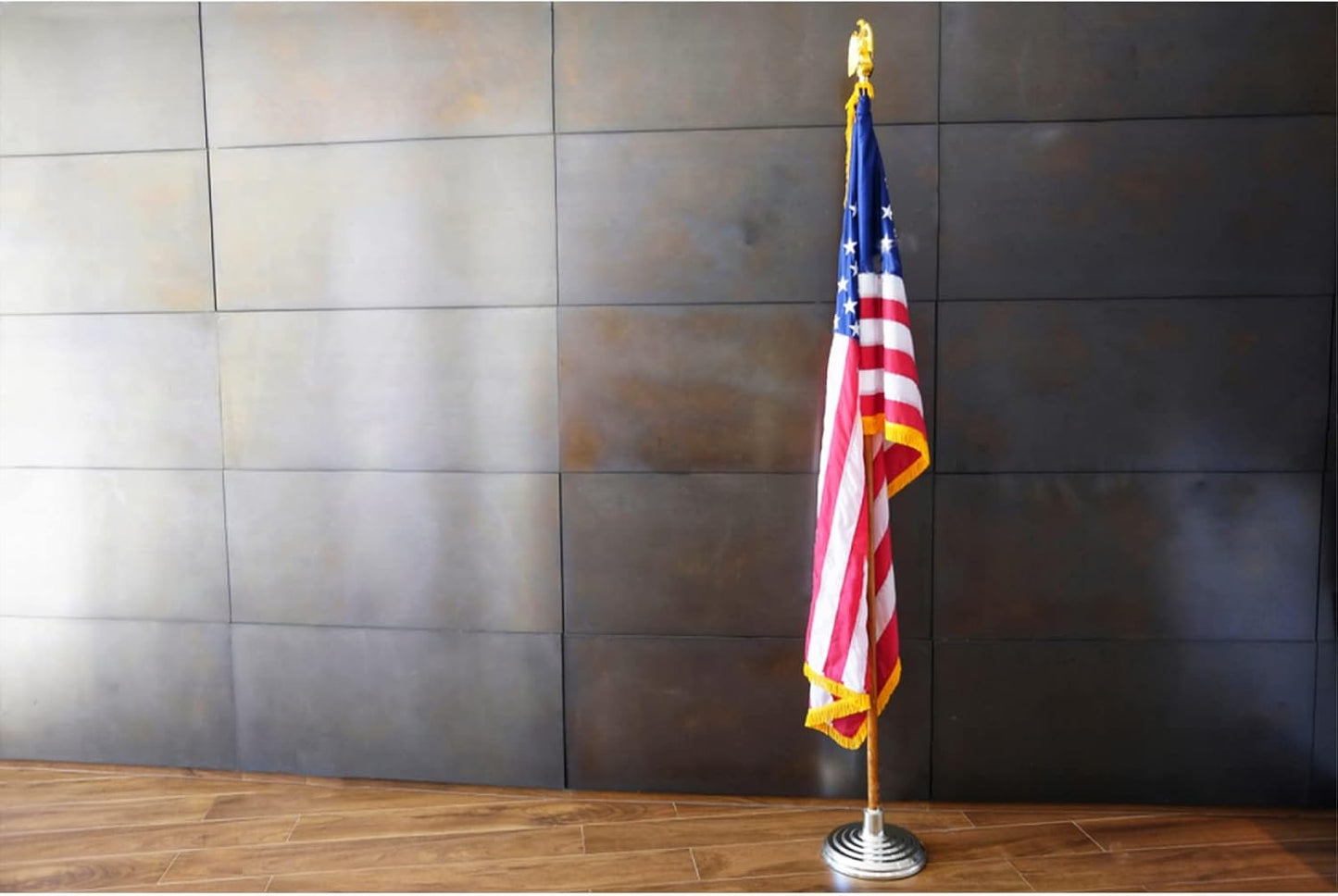 American Flag with Gold Fringed 3x5 Ft, Made in USA, Indoors USA Flag, Embroidered Stars, with 4 Rows of Lower Stitches