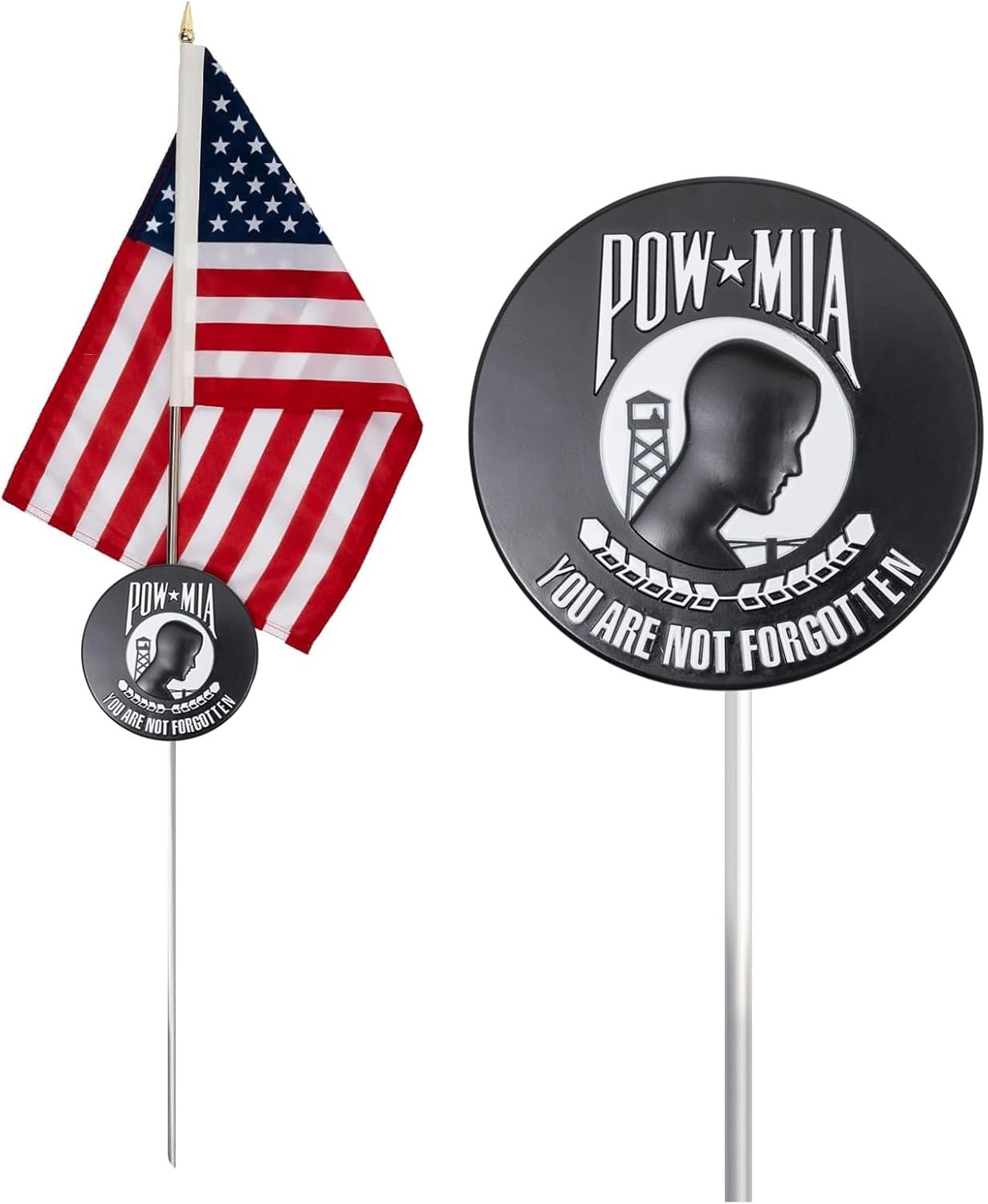 POW MIA Aluminum Grave Marker Kit, with 12x18 Inch USA Flag, Aluminum Veterans Plaque, Memorial Day Gifts, Suitable for Graveside Memorials to Honor Those who Served