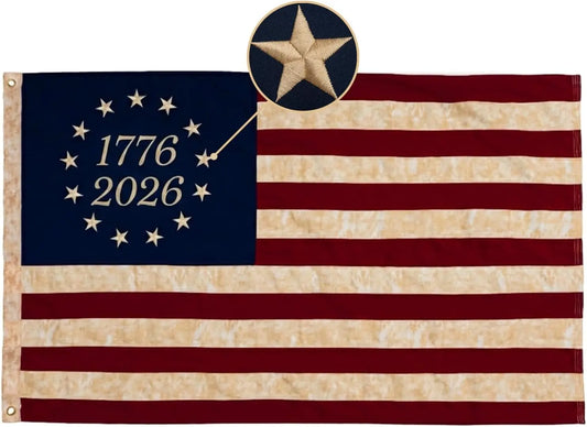 Cotton 1776-2026 Betsy Ross Flag Tea Stained American Flags 3x5 Ft for 250th USA Anniversary Vintage 13 Stars Colonies Embroidered Stars Banner Heavy Duty Outdoor for Outside