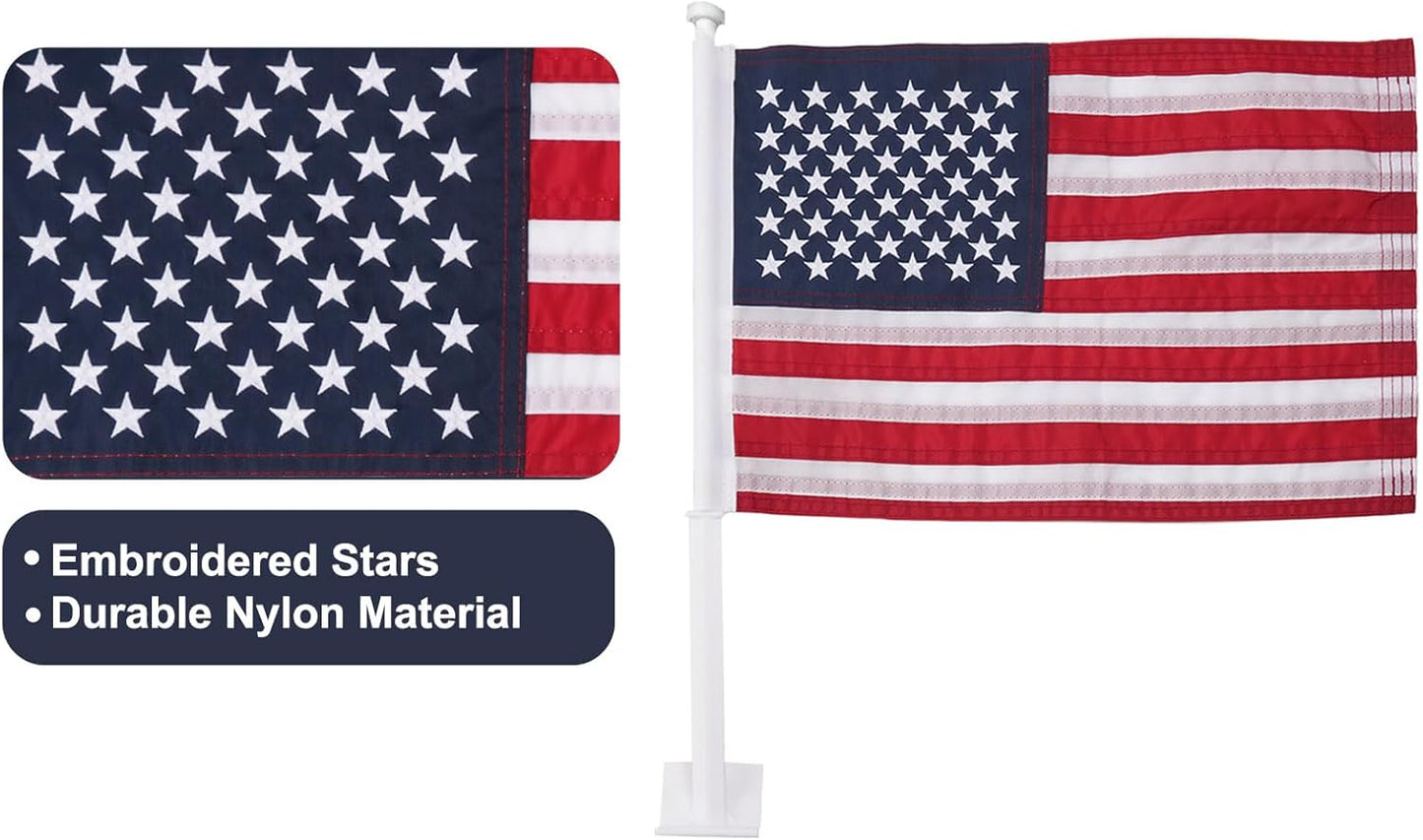 Car Flag 2 Pack American Flag for Car 12x18 Inch US Flags Embroidered Stars Flagpole with Window Clip Heavy Duty Nylon