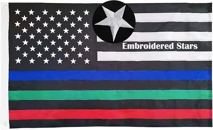 TOPFLAGS Embroidered Thin Blue Red Green Line American Flag 3x5 Outdoor- Police Firefighter Military American Flags- USA Flag Support Fire Military Law Enforcement Officers USA TOP FLAGS, INC
