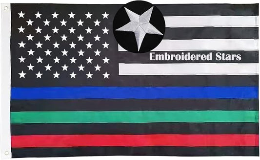 TOPFLAGS Embroidered Thin Blue Red Green Line American Flag 3x5 Outdoor- Police Firefighter Military American Flags- USA Flag Support Fire Military Law Enforcement Officers USA TOP FLAGS, INC