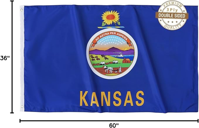 TOPFLAGS Kansas Flag 3x5 Double Side 3Ply KS State Flags Heavy Duty Outdoor 4 Rows Stitched Edge with 2 Brass Grommets USA TOP FLAGS, INC